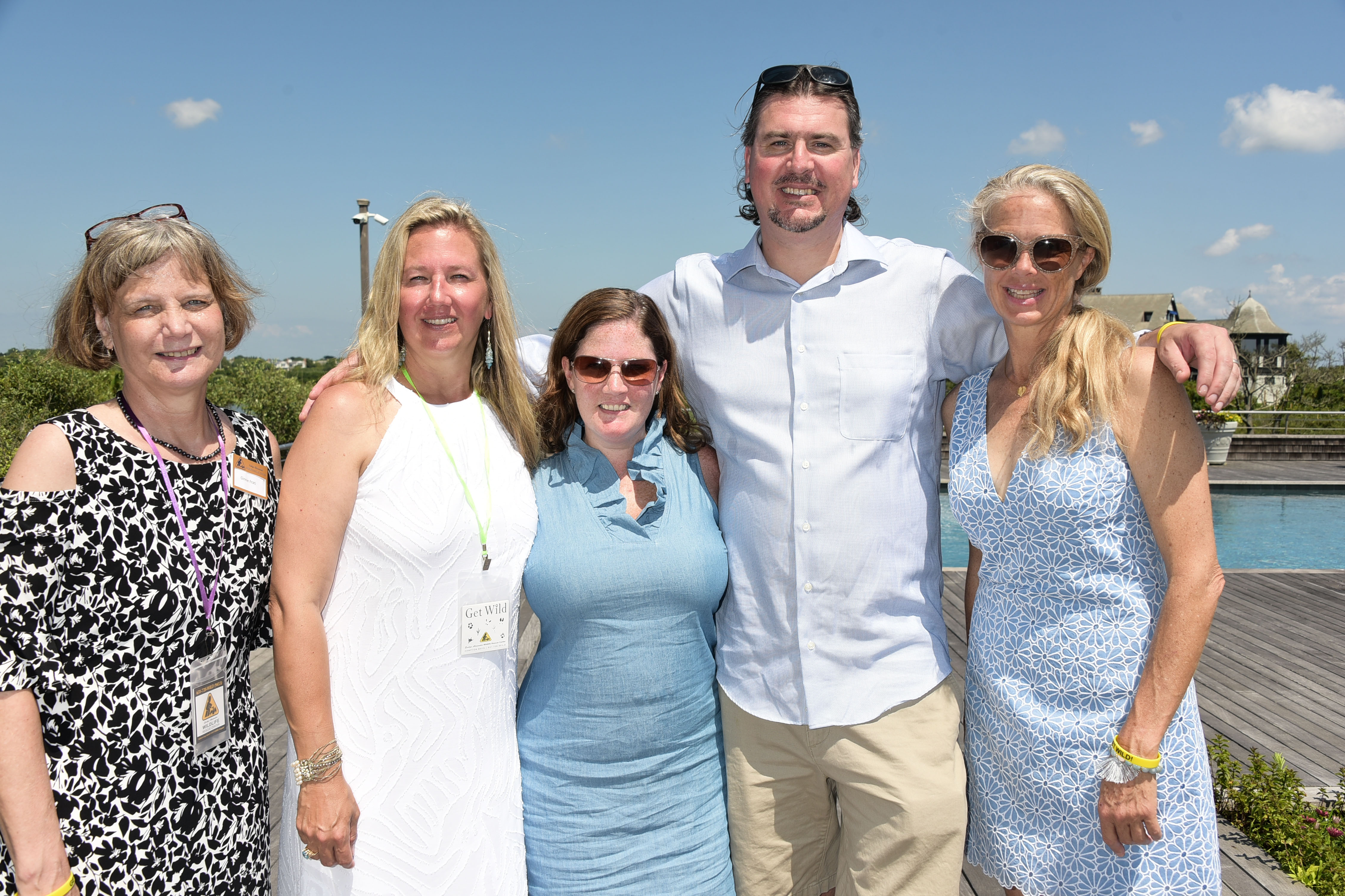 Ginni Frati, Shelley Berkoski, Amy Molnar, Dr.Justin Molnar, and Liz Brown attend the 11th. Annual Get Wild! Summer fundraiser to benefit the Evelyn Alexander Wildlife Rescue Center of the Hamptons at the private ocean front residence of Liz Brown and Leslie Alexander in Southampton on August 13, 2017. photo by Rob Rich/SocietyAllure.com ©2017