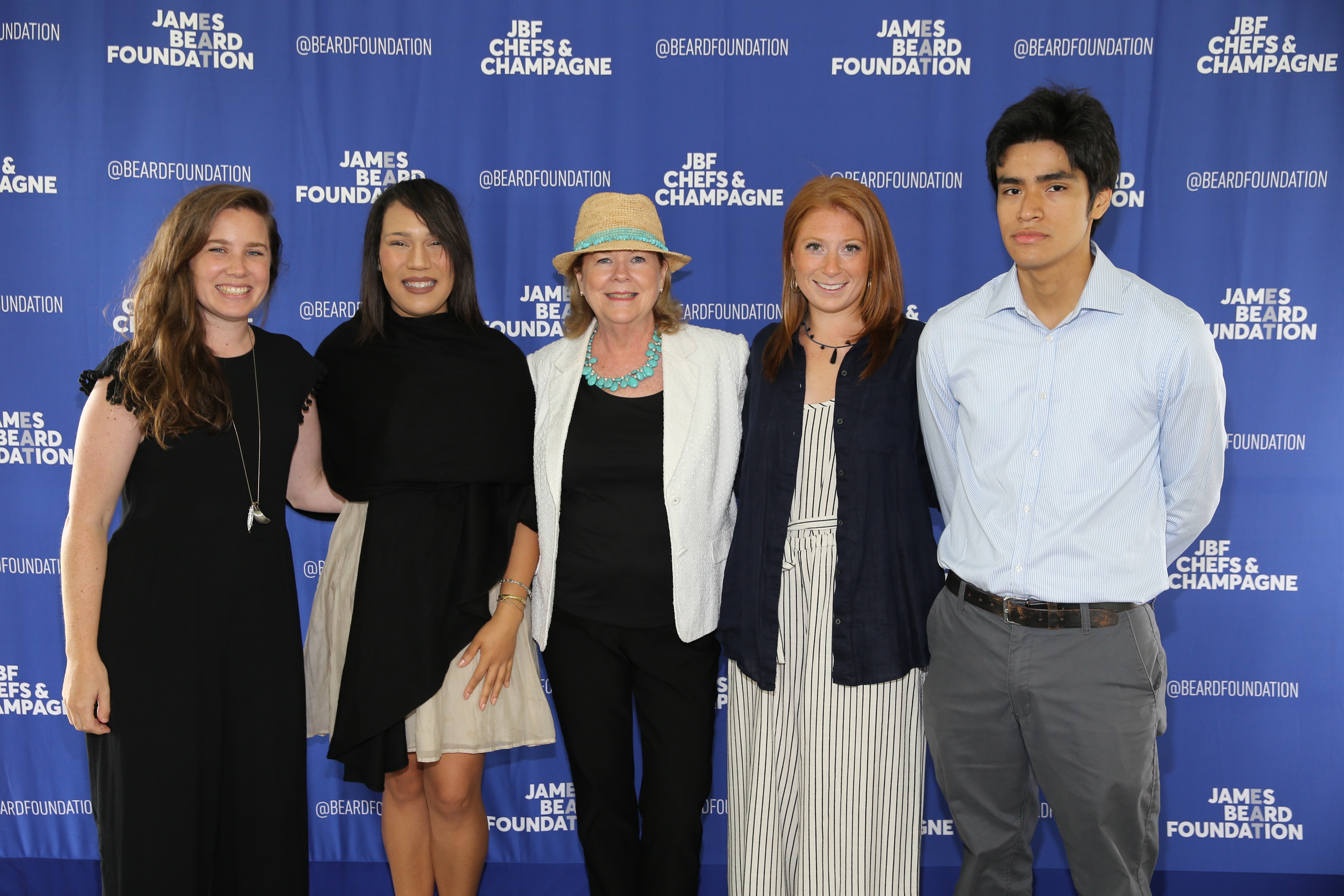 Scholarship recipient Jordan Werner, Earlene Cruz, JBF President Susan Ungaro, Scholarship recipient, Christina Cassel, Scholarship recipient Luis Reyes seen at the 2017 JBF Chefs and Champagne at Wolffer estate on Saturday, July 29, 2017 in Sagaponack, N.Y. (Photo by Mark Von Holden/Invision for James Beard Foundation/Invision)